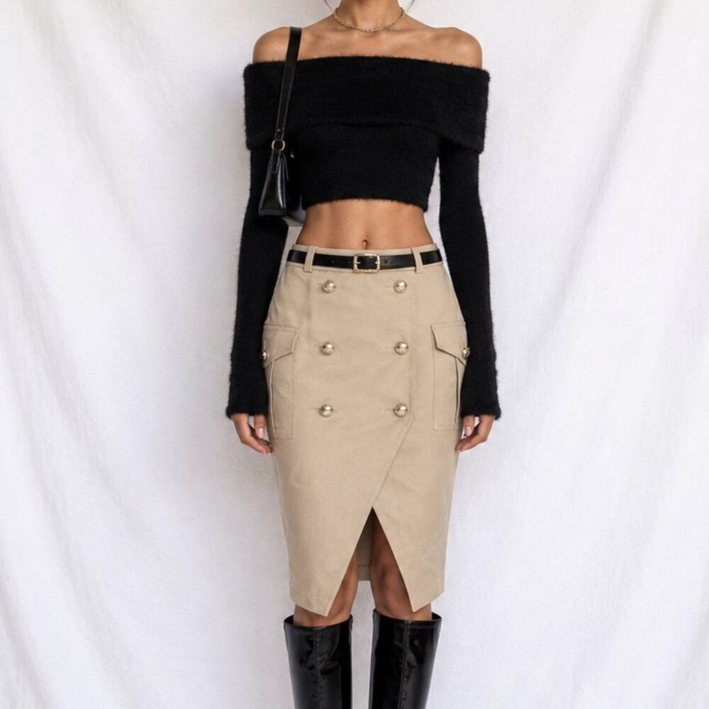 Vintage Y2K Brown Beige Double Breasted Front Knee Length Bodycon Skirt Size XS